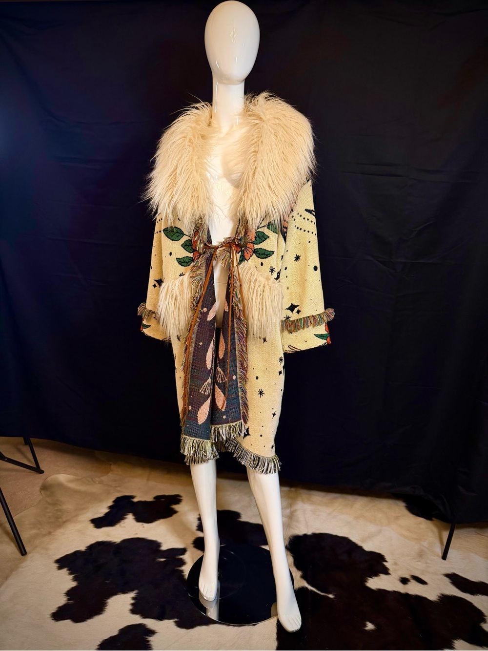 Cream Feather Collar Boho Tapestry Coat with Faux fur